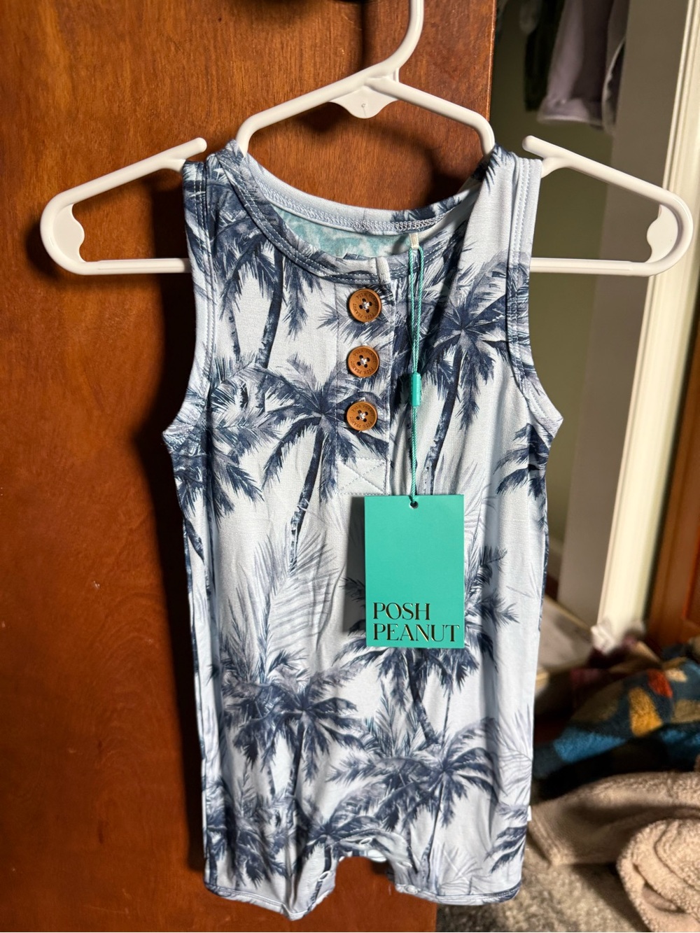 Posh Peanut Light Blue and Navy Palm-Print Tank Romper